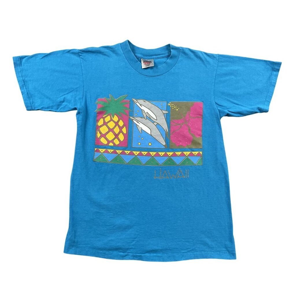 VTG 90s Hawaii T-Shirt Womens Large‎ Dolphins Pineapple Orchid Blue Oneita USA